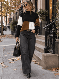 WOMEN'S LONG SLEEVE MOCK NECK PULLOVER COLORBLOCK SWEATER