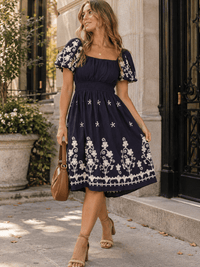 WOMEN'S SHORT PUFF SLEEVE FRONT POCKETS ELASTIC WAIST EMBROIDERY FLORAL MINI DRESS