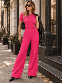 WOMEN'S SHORT SLEEVE BLOUSE & ELASTIC WAIST WIDE LEG PANTS RIBBED 2PC. SET