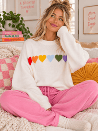 WOMEN'S LONG SLEEVE HEARTS PRINT PULLOVER SWEATER