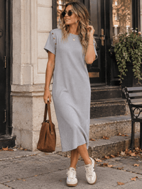 WOMEN'S SHORT REMOVABLE SLEEVES RIBBED SWEATER MIDI DRESS