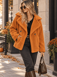 WOMEN'S LONG SLEEVE BUTTON CLOSURE FRONT POCKETS SHERPA JACKET