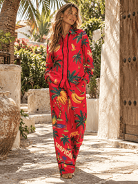 HALFHEART WOMEN'S LONG SLEEVE BUTTON UP TOP & ELASTIC WAIST WIDE LEG PANTS MULTI PRINT 2PC. SET