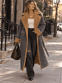 WOMEN'S LONG SLEEVE SELF TIE FRONT POCKET DENIM WASHED SHERPA CONTRAST COAT