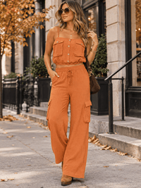 WOMEN'S SLEEVELESS CROP TOP & ELASTIC WAIST WIDE LEG PANTS 2PC. SET