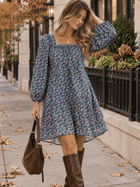 WOMEN'S LONG SLEEVE SQUARE NECK TUNIC FLORAL PRINT MINI DRESS