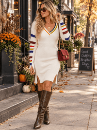 WOMEN'S LONG SLEEVE V-NECK COLORBLOCK STRIPESS RIBBED MIDI DRESS