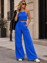 WOMEN'S SLEEVELESS CROP TOP & BUTTON CLOSURE PANTS SOLID 2PC. SET