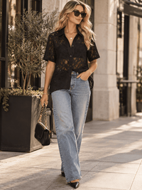 WOMEN'S SHORT SLEEVE BUTTON UP LACE BLOUSE