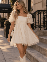 WOMEN'S SHORT PUFF SLEEVE SQUARE NECK PEARL SHIMMER MINI DRESS