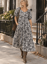 WOMEN'S SHORT PUFF SLEEVE FRONT POCKETS ELASTIC WAIST FLORAL PRINT MAXI DRESS