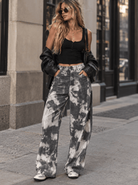 WOMEN'S BUTTON CLOSURE POCKETS TIE DYE DENIM PANTS