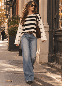 WOMEN'S LONG SLEEVE COLORBLOCK STRIPES PULLOVER SWEATER