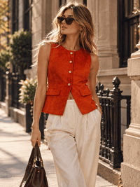 WOMEN'S SLEEVELESS BUTTON UP SEUDE CONTRAST TOP