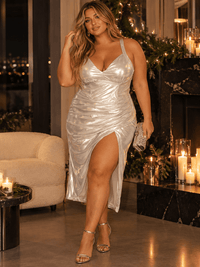 PLUS SIZE SLEEVELESS BODYCON V-NECK SURPLICE SHIMMER MIDI DRESS