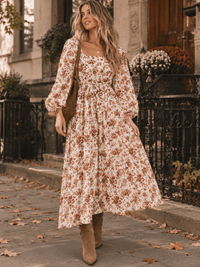 WOMEN'S LONG SLEEVE SMOCK SELF TIE FLORAL PRINT MAXI DRESS