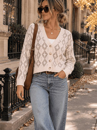 WOMEN'S LONG SLEEVE V-NECK BUTTON UP PRINT SWEATER