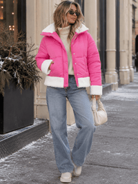 WOMEN'S LONG SLEEVE BUTTON CLOSURE FRONT POCKETS SHERPA PUFFER JACKET
