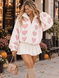 WOMEN'S LONG SLEEVE ZIP UP FRONT POCKETS HEARTS PRINT SHERPA BOMBER JACKET