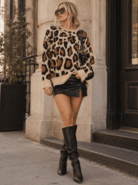 WOMEN'S LONG SLEEVE ANIMAL PRINT DISTRESS PULLOVER COLORBLOCK SWEATER