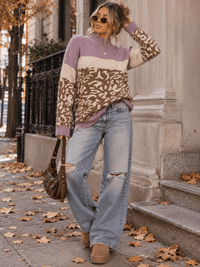 WOMEN'S LONG SLEEVE COLORBLOCK ANIMAL PRINT DETAILED PULLOVER SWEATER