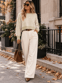 WOMEN'S LONG SLEEVE PEARL DETAILED KNIT COLORBLOCK PULLOVER SWEATER