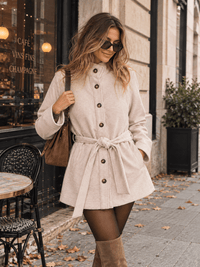 WOMEN'S LONG SLEEVE BUTTON UP FRONT POCKETS SELF TIE COAT