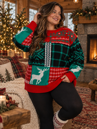 PLUS SIZE LONG SLEEVE HOLIDAY PRINT PULLOVER SWEATER