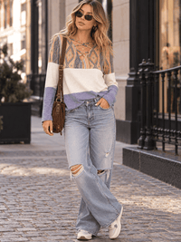 WOMEN'S LONG SLEEVE FRONT LACE UP COLORBLOCK PRINT TOP