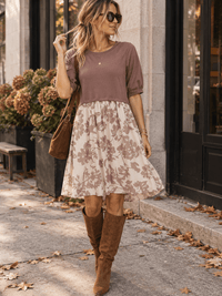 WOMEN'S SHORT SLEEVE CONTRAST FRONT POCKETS COLORBLOCK FLORAL MINI DRESS