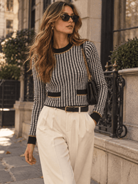 WOMEN'S LONG SLEEVE HOUNDSTOOTH KNIT PULLOVER SWEATER