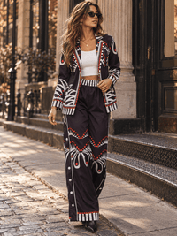 HALFHEART WOMEN'S LONG SLEEVE OPEN FRONT BLAZER & ELASTIC WAIST WIDE LEG PANTS MULTI PRINT 2PC. SET