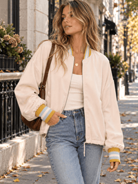 WOMEN'S LONG SLEEVE ZIP UP POCKETS COLORBLOCK STRIPES JACKET