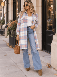 WOMEN'S LONG SLEEVE BUTTON UP FRONT POCKETS PLAID COAT