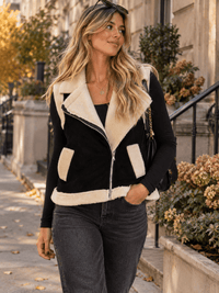 WOMEN'S SLEEVELESS ZIP UP FRONT POCKETS COLORBLOCK SHERPA VEST