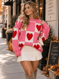 WOMEN'S LONG SLEEVE HEARTS GRAPHIC PULLOVER SWEATER