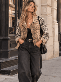 WOMEN'S LONG SLEEVE BUTTON UP FRONT POCKETS ANIMAL PRINT DENIM JACKET