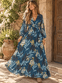 WOMEN'S LONG SLEEVE SURPLICE ELASTIC WAIST FLORAL PRINT MAXI DRESS