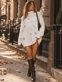 WOMEN'S LONG SLEEVE TURTLE NECK STARS SEQUINS SWEATER MINI DRESS