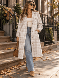 WOMEN'S LONG SLEEVE BUTTON CLOSURE FRONT POCKETS TWEED PLAID COAT