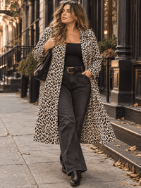 PLUS SIZE LONG SLEEVE OPEN FRONT POCKETS ADJUSTABLE WAIST ANIMAL PRINT CARDIGAN