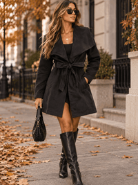 WOMEN'S LONG SLEEVE SELF TIE FRONT POCKETS COAT