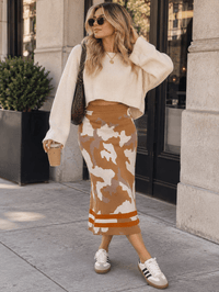WOMEN'S ELASTIC WAIST CAMO PRINT MIDI SKIRT