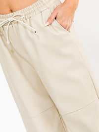 WOMEN'S ELASTIC WAIST POCKETS PU PLEATHER WIDE LEG PANTS