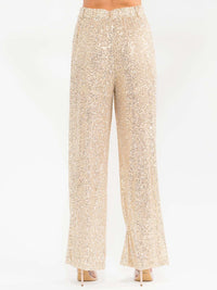 WOMEN'S BUTTON CLOSURE POCKETS SEQUINS WIDE LEG PANTS