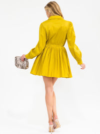 WOMEN'S LONG SLEEVE BUTTON UP FIT & FLARE PLEATED MINI DRESS