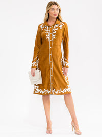 WOMEN'S LONG SLEEVE BUTTON UP EMBROIDERY DETAILED MIDI DRESS