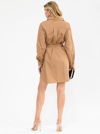WOMEN'S LONG SLEEVE BUTTON UP SELF TIE MINI DRESS