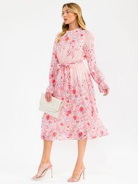 WOMEN'S LONG SLEEVE ELASTIC WAIST SWISS DETAILED FLORAL MIDI DRESS