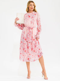 WOMEN'S LONG SLEEVE ELASTIC WAIST SWISS DETAILED FLORAL MIDI DRESS